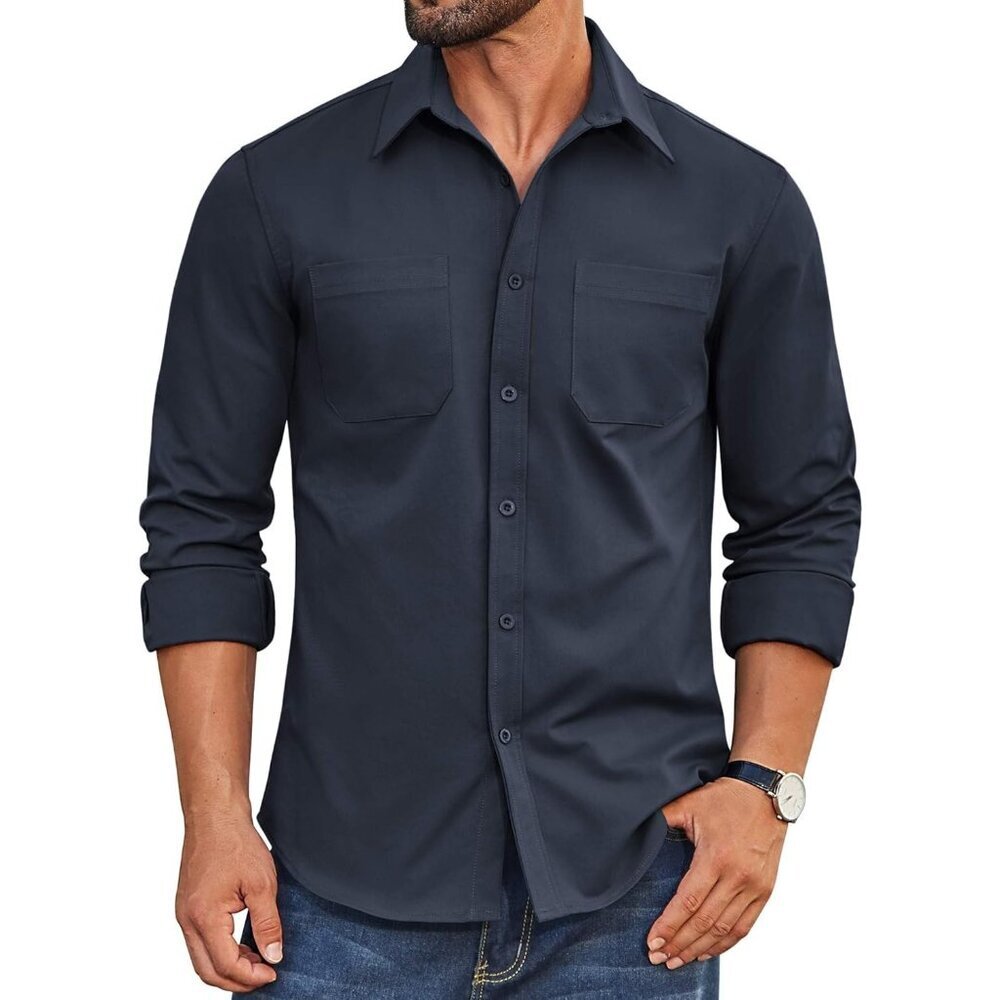 Navy Blue Men Long Sleeve Wrinkle Free Woven Business Button Down Shirt